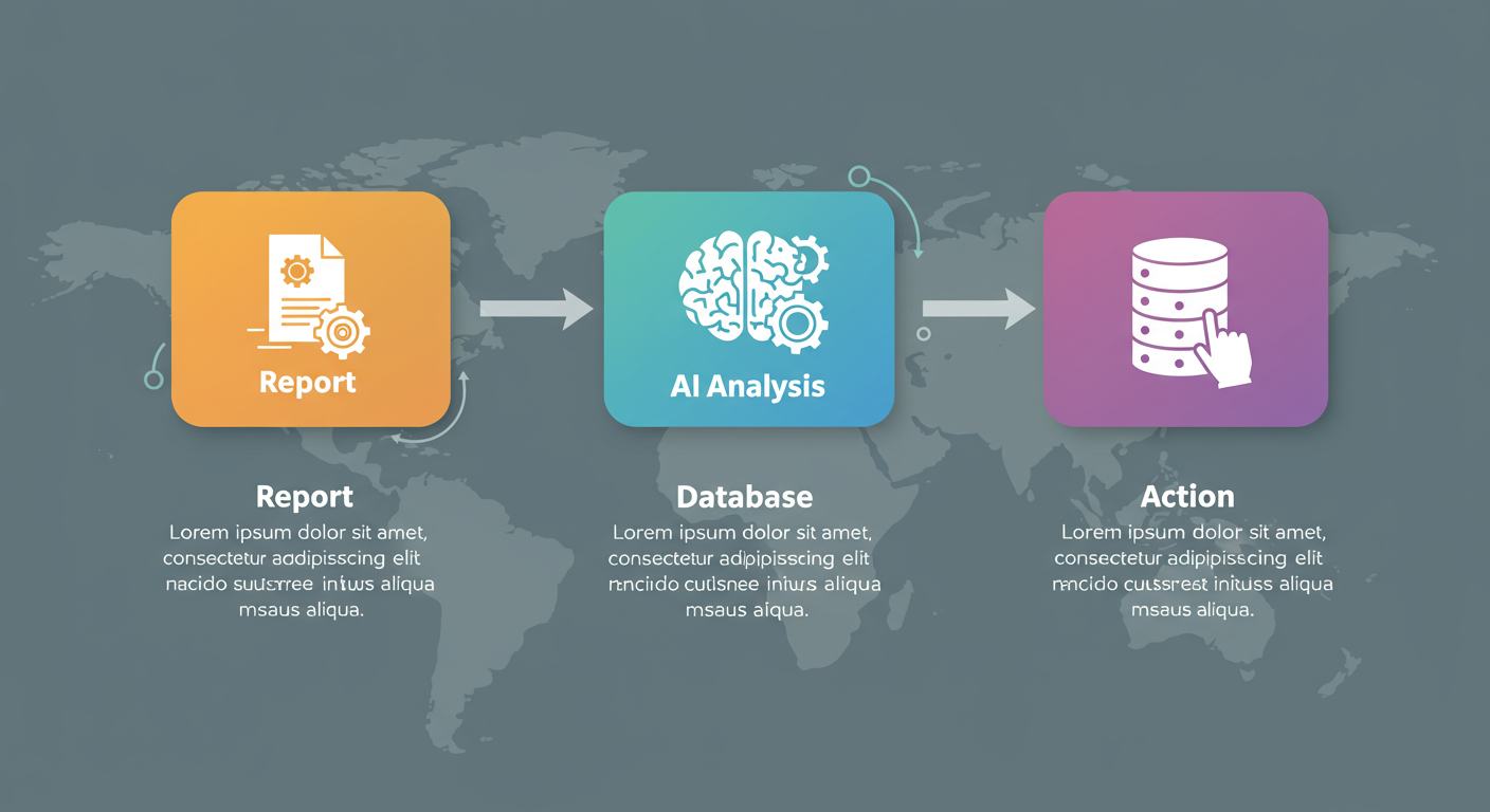 Infographic illustrating data flow: Report -> AI Analysis -> Database -> Action